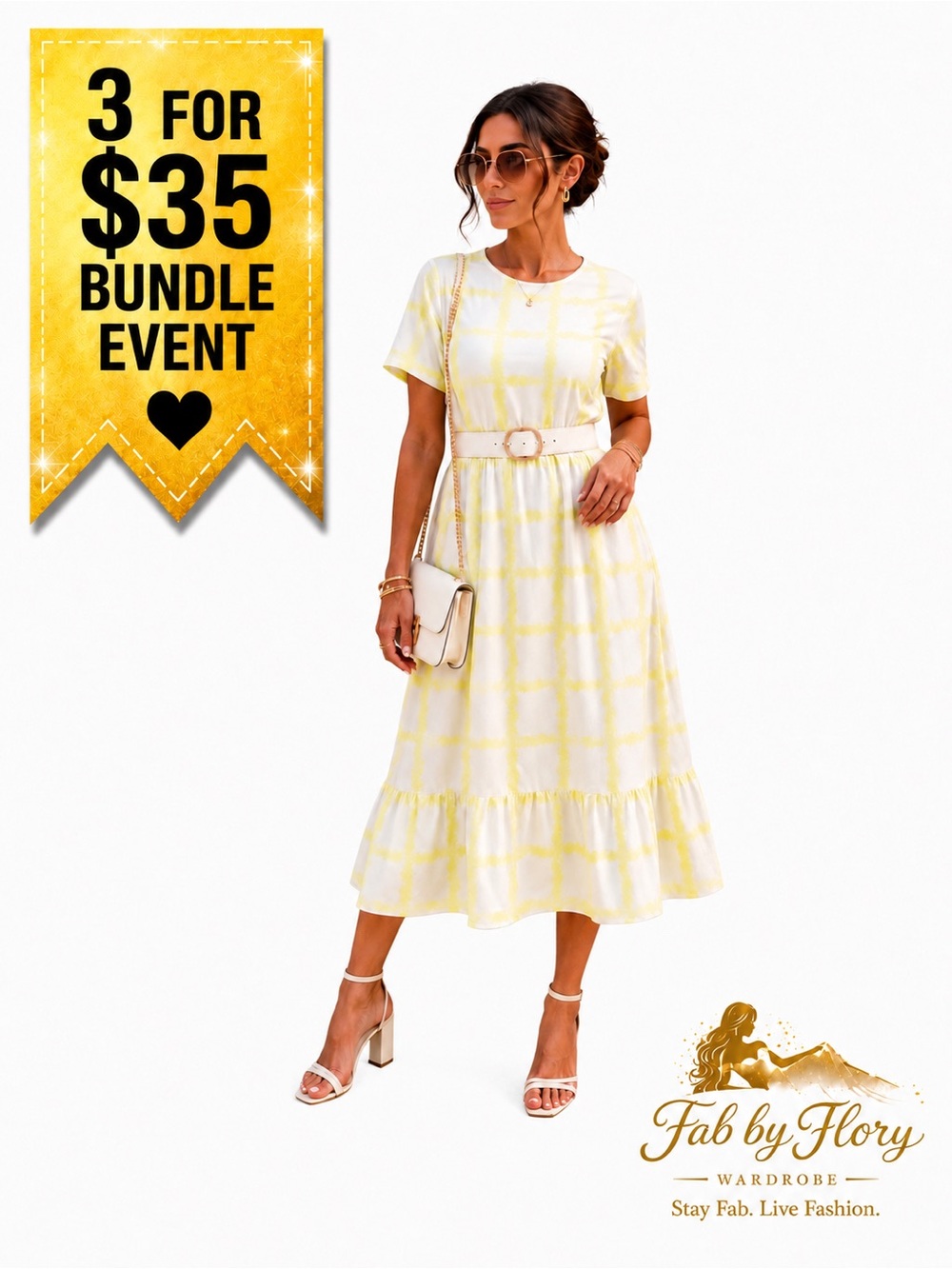 Yellow Grid Print Tiered Midi Dress | Mystery Brand | Belt Missing 🌿✨